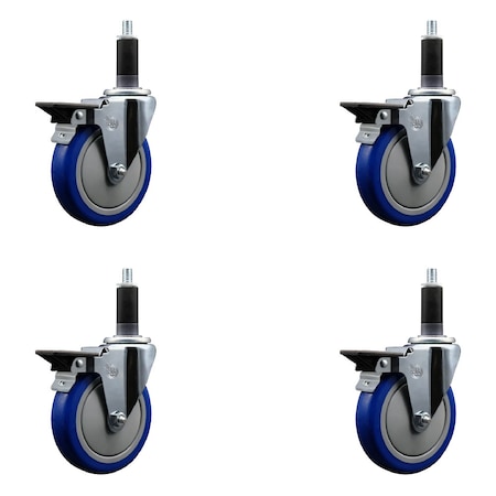 Service Caster 5'' Blue Poly Swivel 1-1/8'' Expanding Stem Caster Set with Brake, 4PK SCC-EX20S514-PPUB-BLUE-PLB-118-4